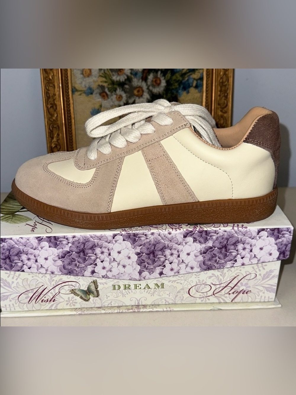 BeauToday 6.5 Ivory Tan Leather Retro German Army Trainer Patchwork Design